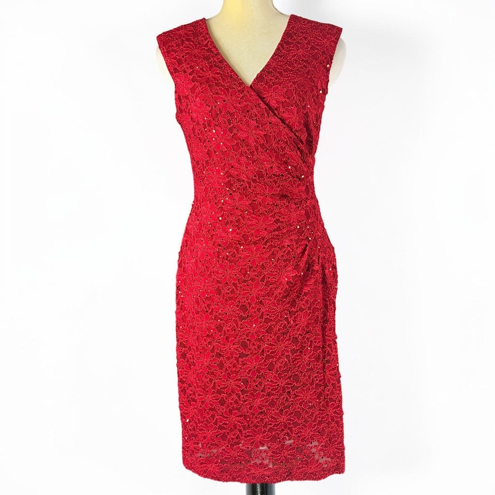 Connected Apparel Womens Red Sequin Floral Lace Faux Wrap Sheath Dress Size 10